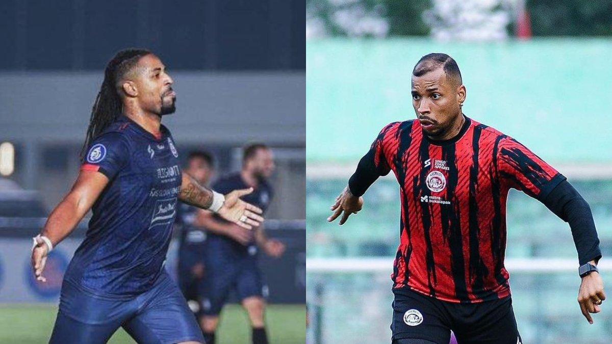 Carlos Fortes ketika membela Arema FC (kiri) dan Striker asing Singo Edan di musim 2023/2024, Gustavo Almeida (kanan).