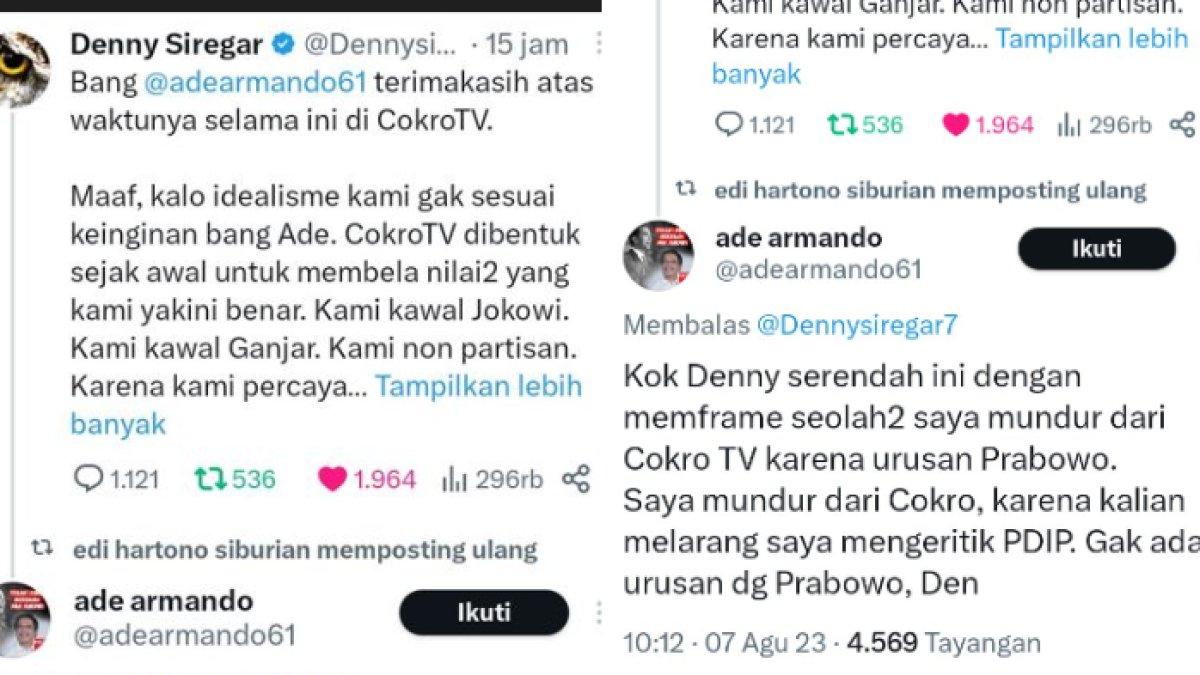 Cuitan Denny Siregar sentil Ade Armando (kiri) dan balasan Ade Armando untuk sentilan Denny Siregar (kanan).