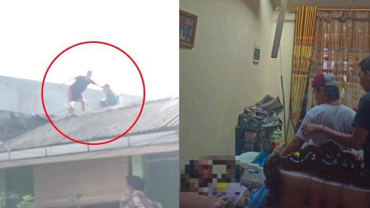 Tangkapan layar detik-detik warga tangkap maling di atap rumah, Jalan Wijaya Kusuma 3, Perumnas 1, Kelurahan Jakasampurna, Kecamatan Bekasi Barat, Kota Bekasi, Jawa Barat, Kamis (11/4/2024).