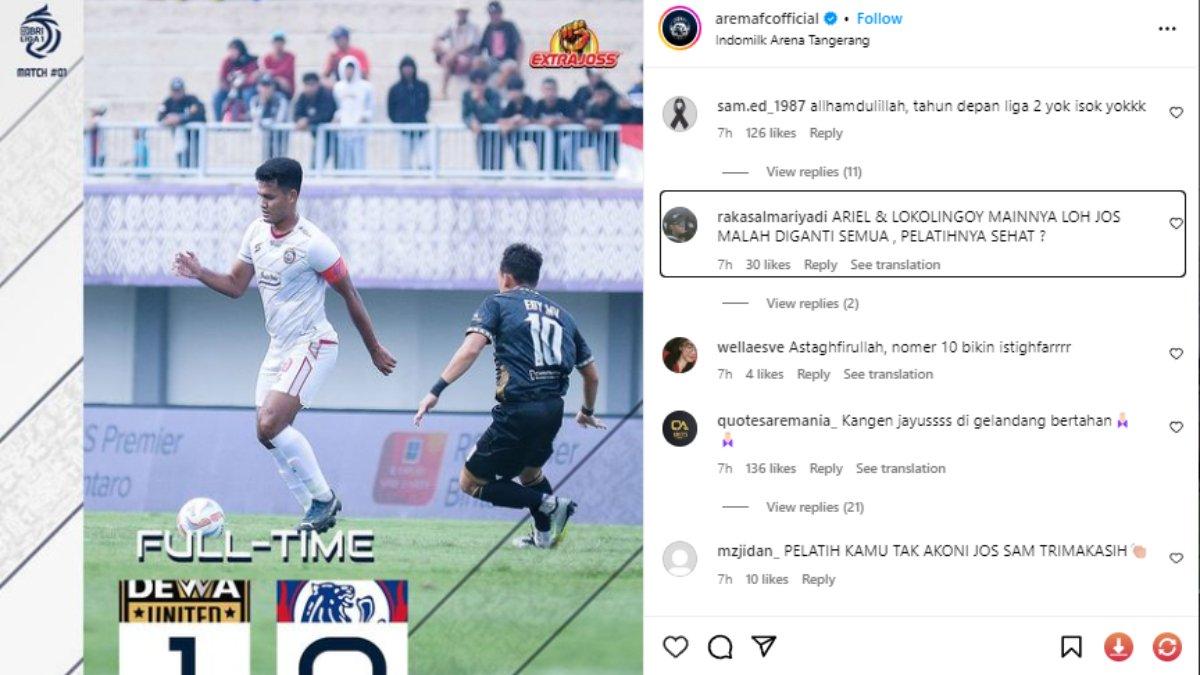 Kekalahan Arema FC dari Dewa United di pekan perdana Liga 1 2023 disorot tajam Aremania, Minggu 2 Juli 2023.