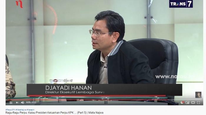 Direktur Eksekutif Lembaga Survei Indonesia, Djayadi Hanan dalam acara Mata Najwa, Rabu (9/10/2019).
