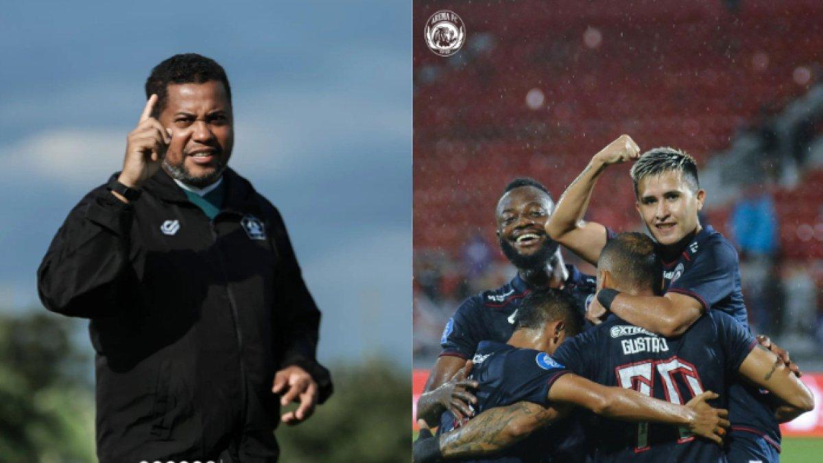 Mantan pelatih Persik Kediri Divaldo Alves (kiri) dan skuad Arema FC (kanan).