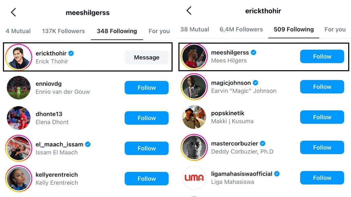 Ketua Umum PSSI, Erick Thohir kepergok saling follow dengan pemain keturunan grade A, yakni Mees Hilgers di media sosial Instagram.