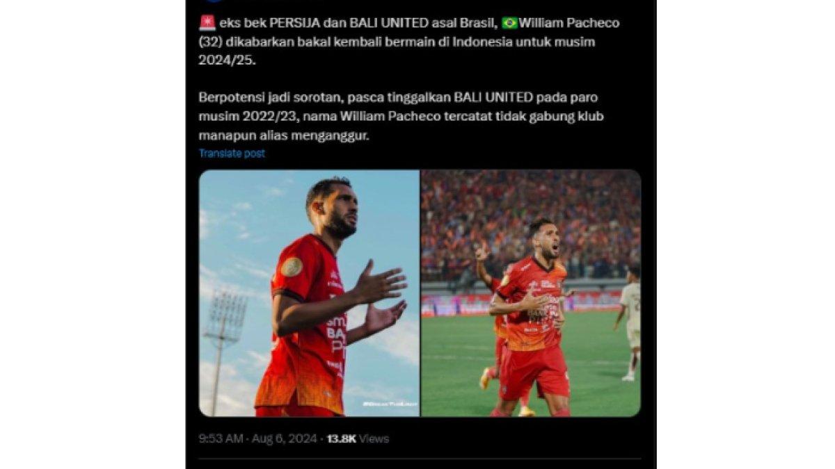 Persebaya Surabaya dirumorkan mengincar mantan pemain Persija Jakarta dan Bali United, William Pacheco.