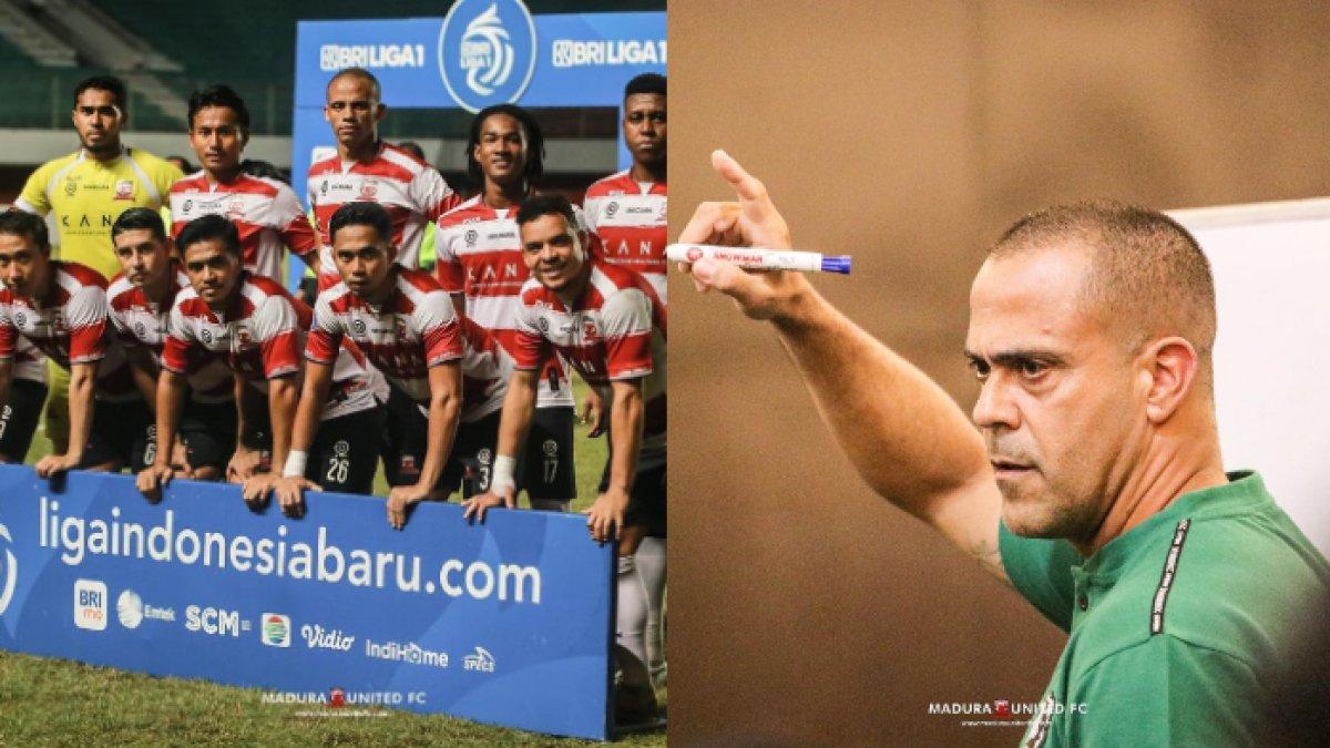 Skuad Madura United (kiri) dan pelatih kepala Madura United Fabio Lefundes (kanan). Pelatih Madura United Fabio Lefundes bidik pemain berlabel Timnas Indonesia untuk gelaran putaran kedua Liga 1 2022.