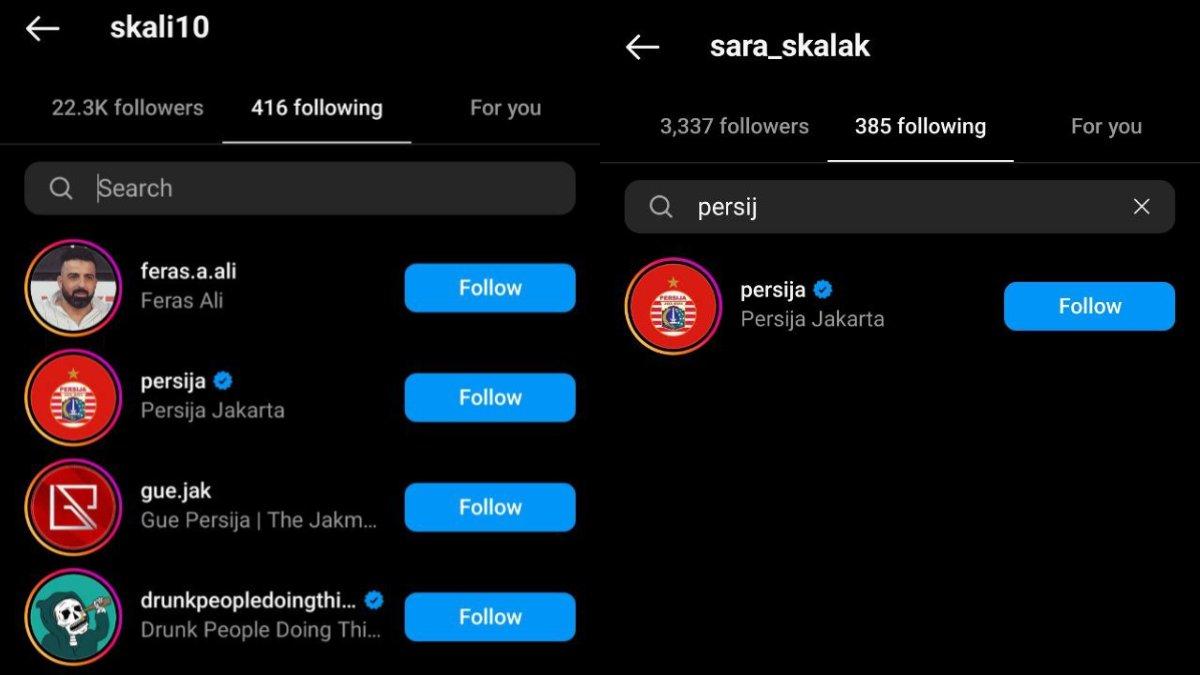 Akun Instagram Jiri Skalak (kiri) dan Istrinya (kanan) kedapatan telah mengikuti akun ofisial Persija, Agen Persija, dan Fanbase Persija.