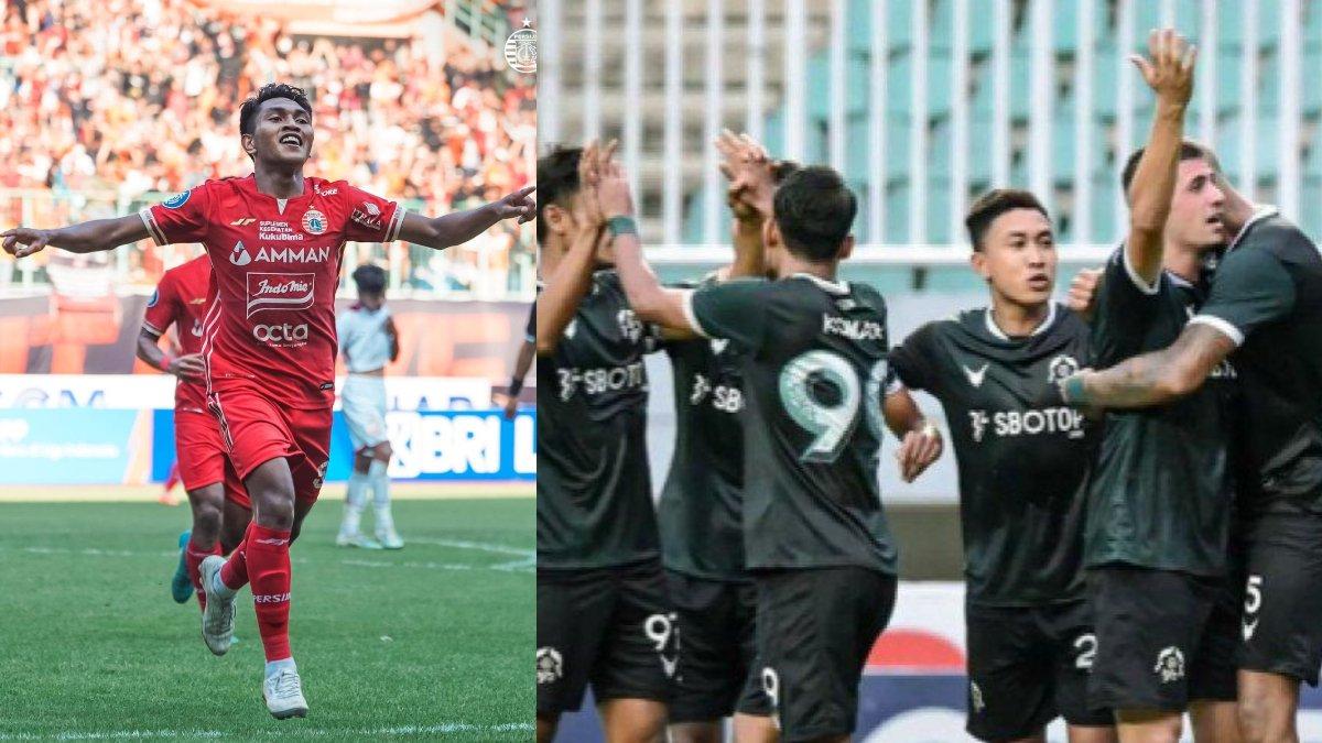 Pemain muda Persija Jakarta, Frengky Missa (kiri) dan para pemain Persikabo 1973 (kanan).