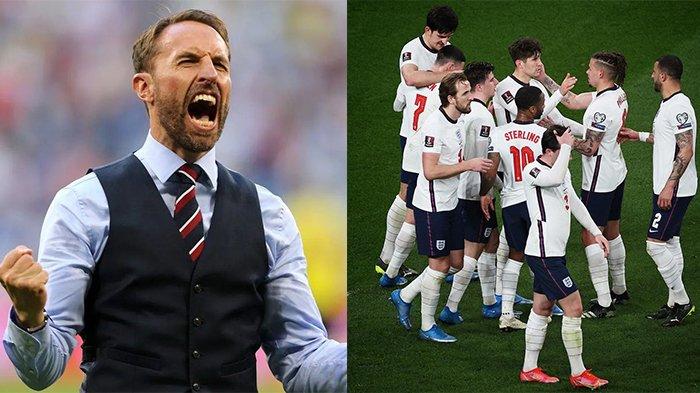 Gareth Southgate (kiri) pada postingan Instagram @mundialistasfutboll pada 27 Juni 2021 dan skuad Inggris pada postingan Instagram @england pada 1 April 2021.