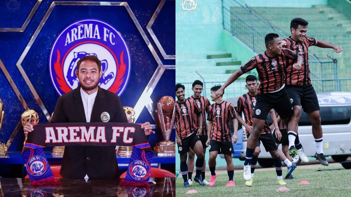 Kolase foto kiper anyar Arema FC, Adixi Levinzio (kiri) yang direkrut dari PSMS Medan, dan skuad Singo Edan (kanan) yang menjalani sesi latihan jelang Liga 1 2023.