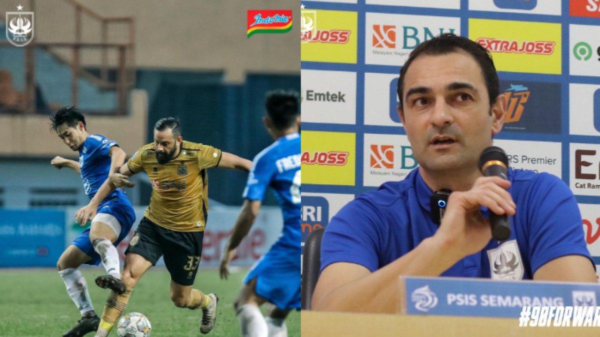 Cuplikan laga Bhayangkara FC vs PSIS Semarang (kiri) dan pelatih PSIS Semarang asal Malta Gilbert Agius (kanan). Gilbert Agius lagi-lagi tak mainkan skema modern saat PSIS Semarang bersua Bhayangkara FC.