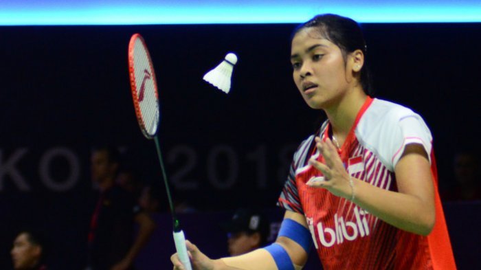 Pebulutangkis tunggal putri Indonesia, Gregoria Mariska Tunjung, saat menghadapi Gao Fangjie (China) dalam pertandingan fase Grup D Piala Uber 2018 antara Indonesia dan China, di Impact Arena, Bangkok, Thailand, Kamis (23/5/2018).