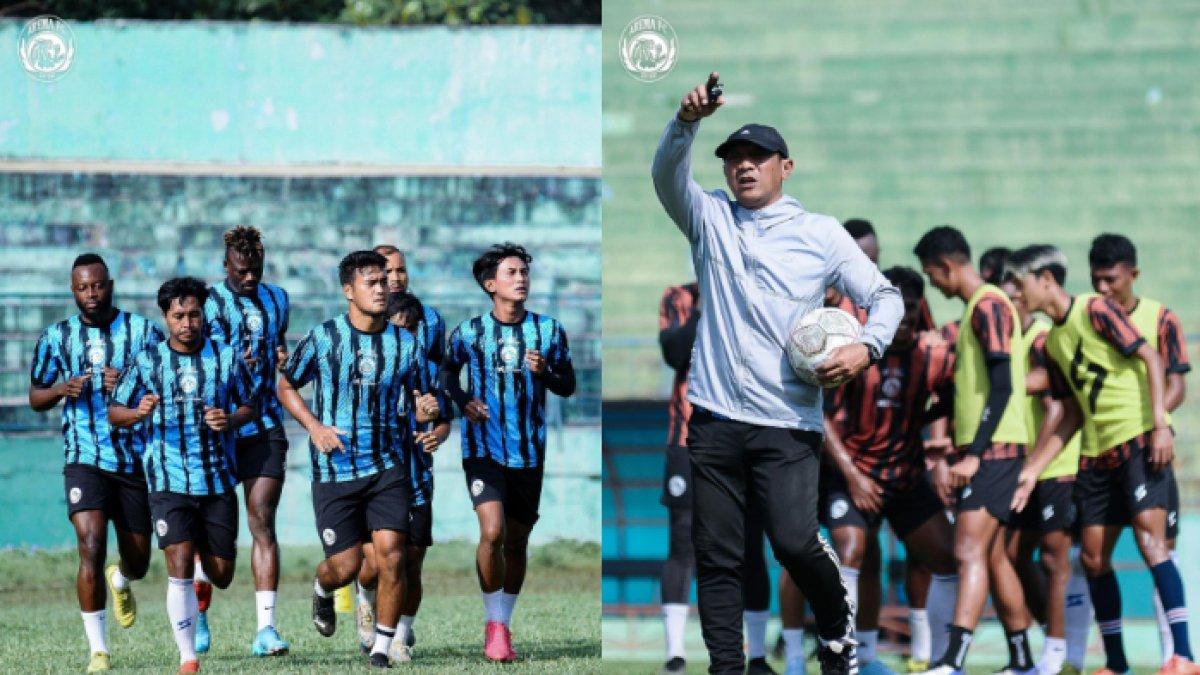 Skuad Arema FC saat melakoni sesi latihan bersama (kiri) dan pelatih Arema FC I Putu Gede (kanan).