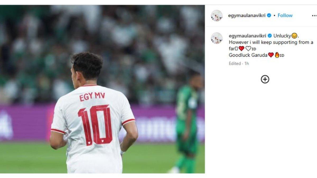 PROFIL PEMAIN -  Tangkapan layar instagram Egy Maulana Vikri ungkap rasa kecewa nya tetapi tetap mendukung Timnas Indonesia.