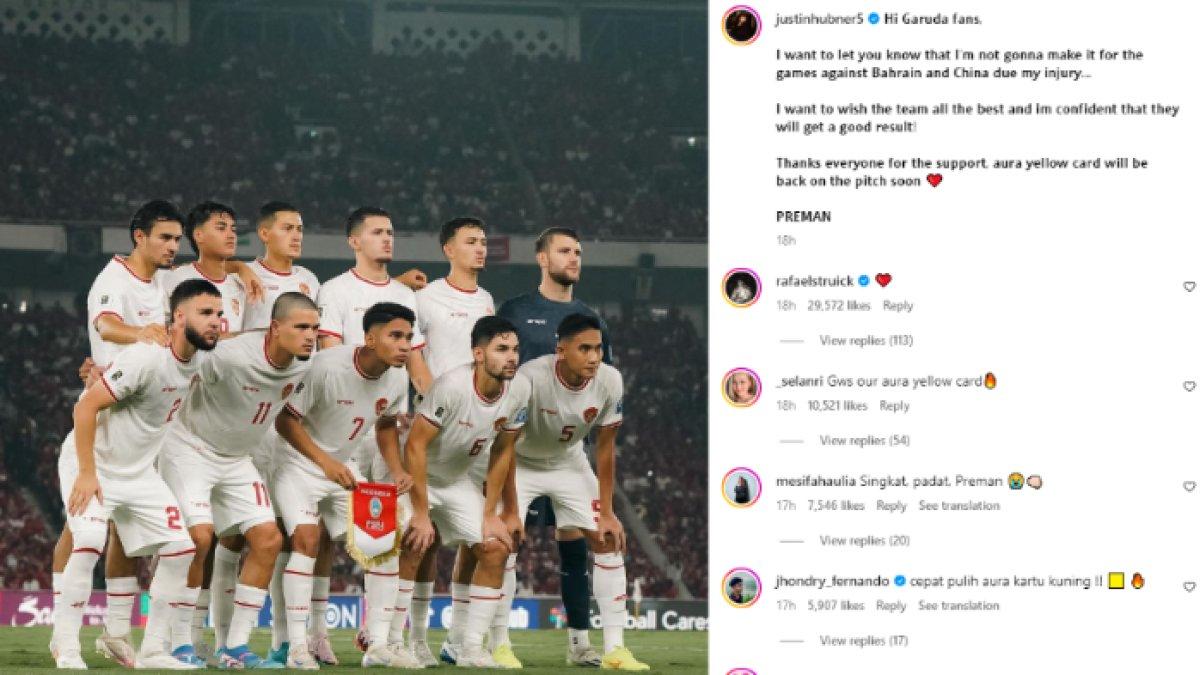 Unggahan terbaru Justin Hubner dalam akun instagram pribadinya pada Rabu (2/10/2024). Hubner menuliskan pesan manis untuk para fan Garuda terkait absensinya dalam laga Kualifikasi Piala Dunia 2026 bulan Oktober ini.