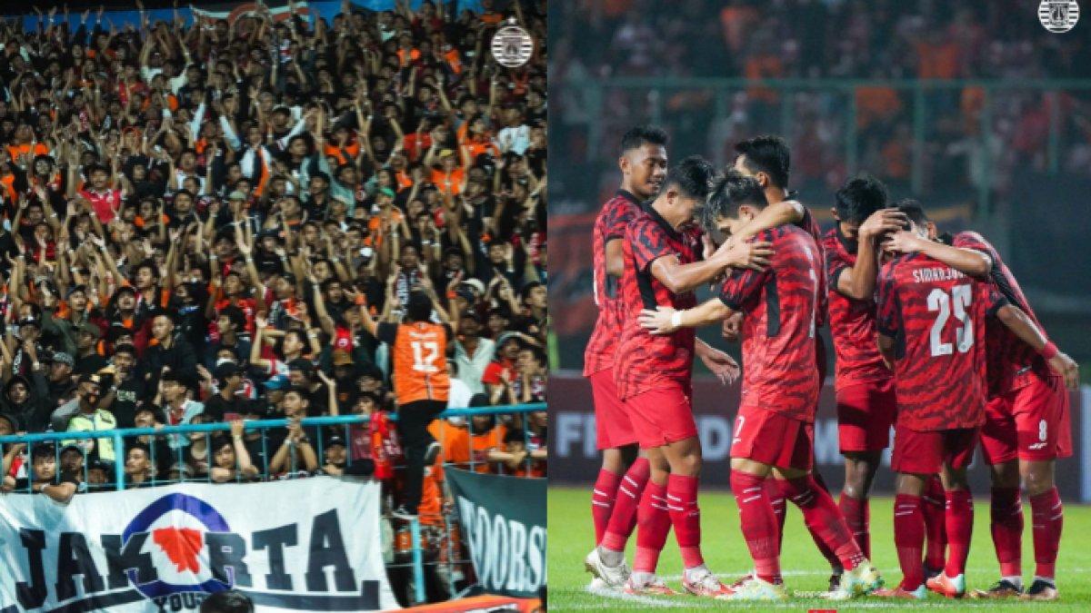 Suporter Persija Jakarta Jakmania (kiri) dan skuad Persija Jakarta (kanan).