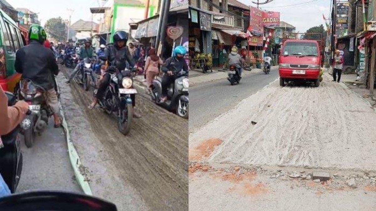 Kondisi jalan beton di Jalan Nanjung, Kelurahan Utama, Kecamatan Cimahi Selatan, Kota Cimahi yang rusak karena dilintasi pengendara motor, Kamis (8/8/2024).