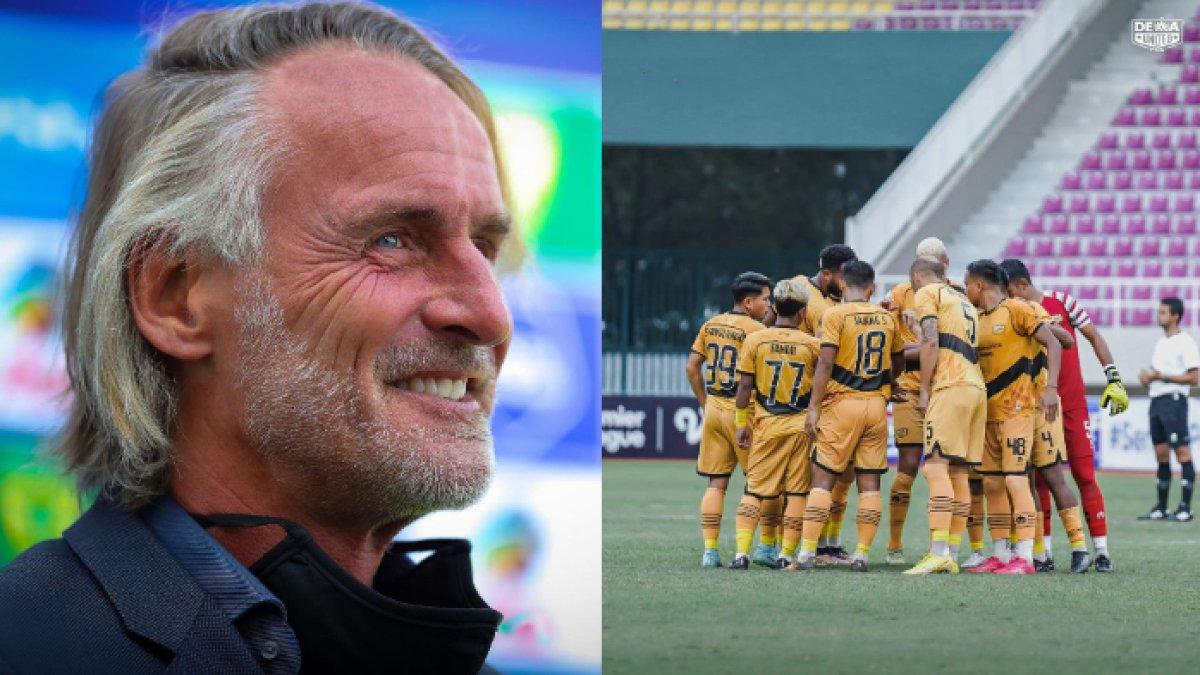 Pelatih anyar Dewa United asal Belanda Jan Olde (kiri) dan skuad Dewa United (kanan).