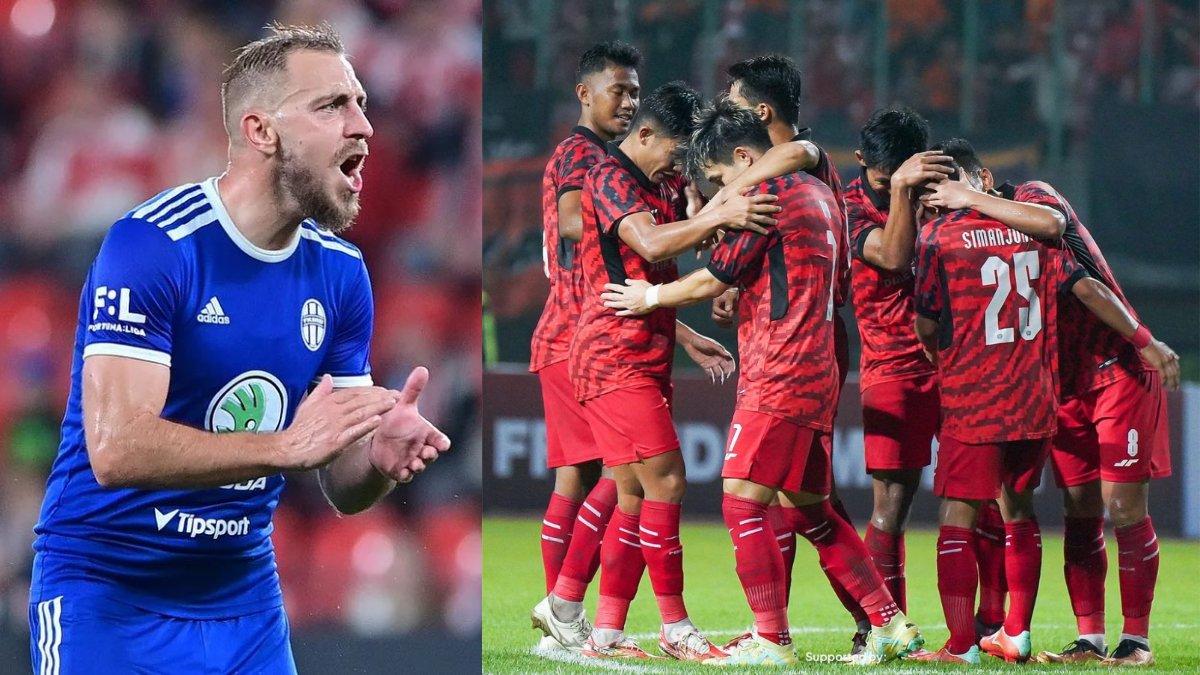 Sosok Jiri Skalak (kiri) dan para pemain Persija Jakarta di laga pramusim 2023/2024 (kanan).