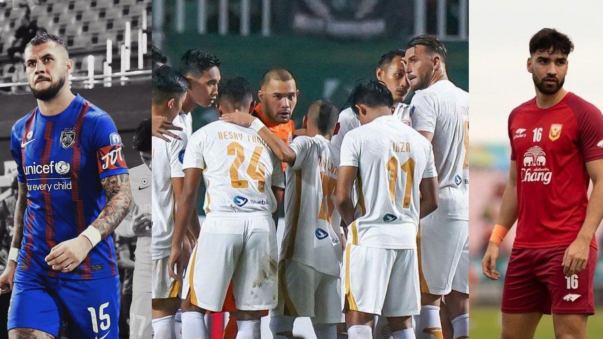 Bek berlabel Timnas Malaysia, Junior Eldstal (kiri), para pemain Persja Jakarta (tengah) dan pemain berpaspor Thailand, Maximilian Steinbauer (kanan).