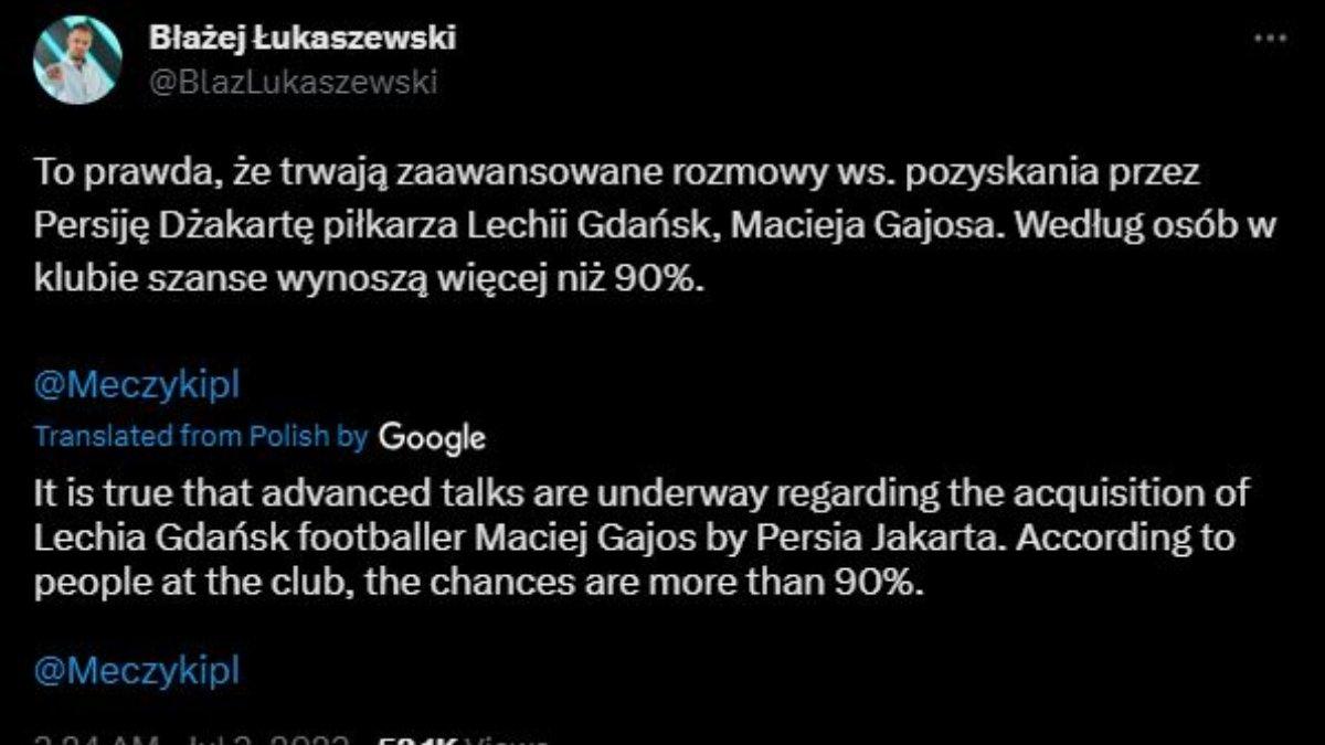 Kabar Maciej Gajos ke Persija Jakarta dibenarkan oleh pengamat sepak bola asal Polandia, Blazej Lukaszewski, Senin 3 Juli 2023.