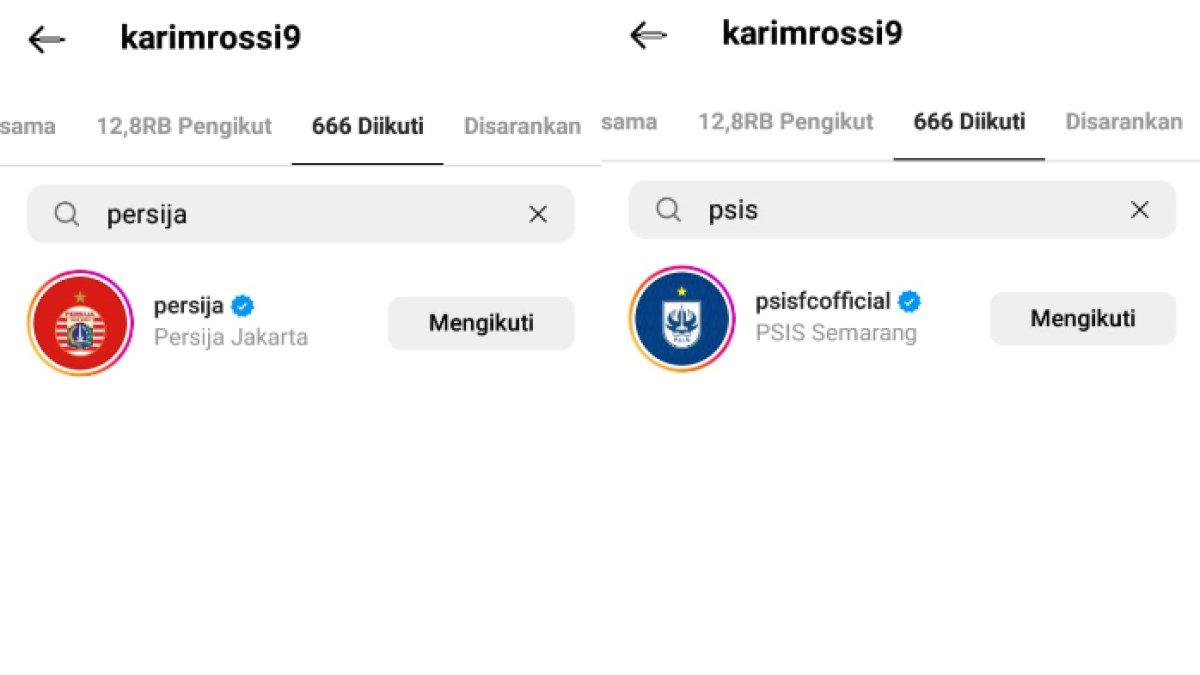 Aksi Karim Rossi yang kedapatan memfollow Instagram Persija Jakarta dan PSIS Semarang.
