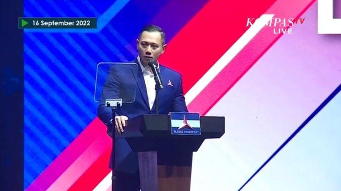 Ketua Umum Partai Demokrat Agus Harimurti Yudhoyono (AHY) dalam Rapimnas Partai Demokrat di Jakarta Convention Center (JCC), Jumat (16/9/2022).