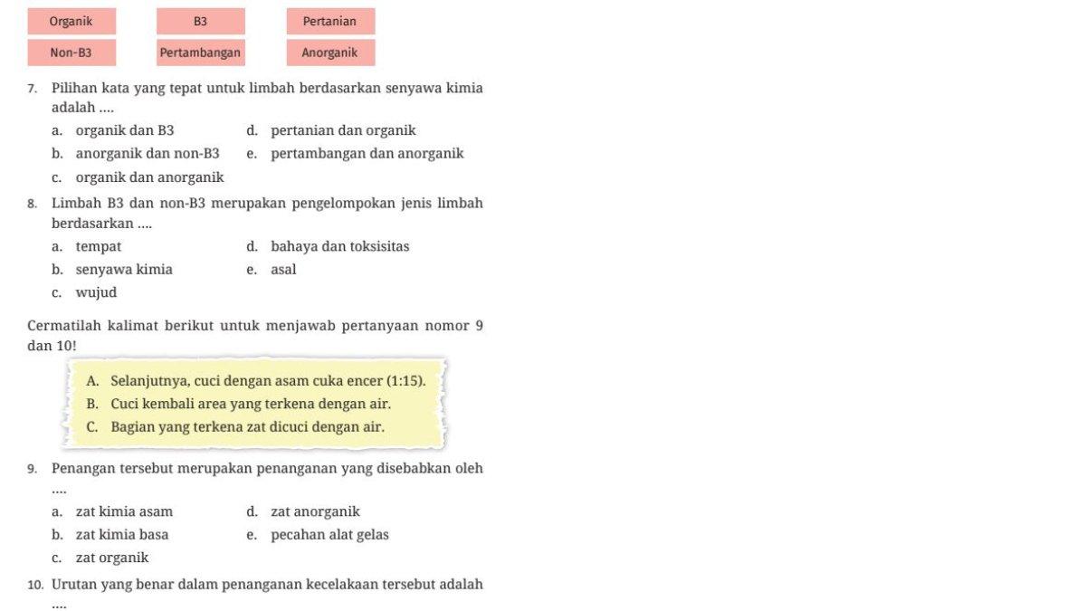 Soal nomor 7-10 Bab 5: Pilihan Ganda, Dasar-Dasar Kimia Analisis Kelas 10 SMK/MAK.