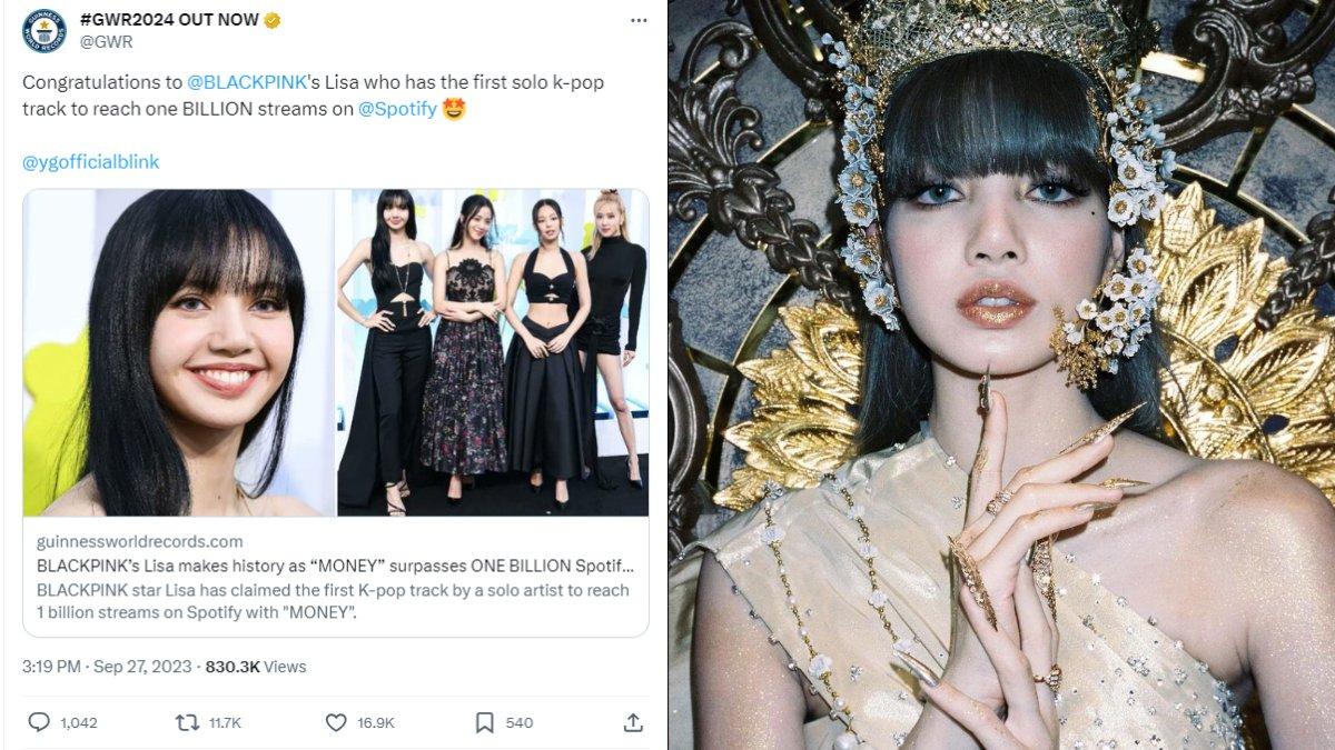 Guinness World Records mengumumkan melalui akun Twitternya bahwa Lisa menjadi artis solo wanita pertama yang melampaui 1 miliar streaming di Spotify pada Rabu (27/09/2023).