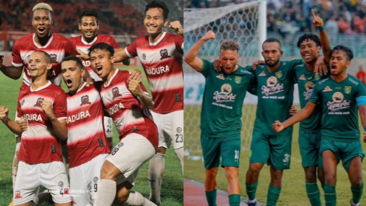 Skuad Madura United (kiri) dan Persebaya Surabaya (kanan).