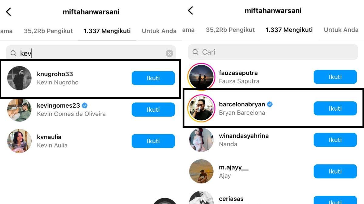 Miftah Anwar Sani me-follow akun Instagram satu di antara petinggi Persis Solo, Kevin Nugroho (kiri) dan media officer Laskar Sambernyawa, Bryan Barcelona (kanan).