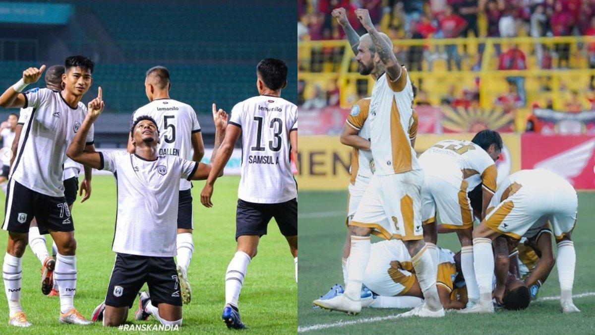 Momen selebrasi gol RANS Nusantara FC (kiri) dan Dewa United (kanan) pada pekan kedua Liga 1 musim 2023/2024.