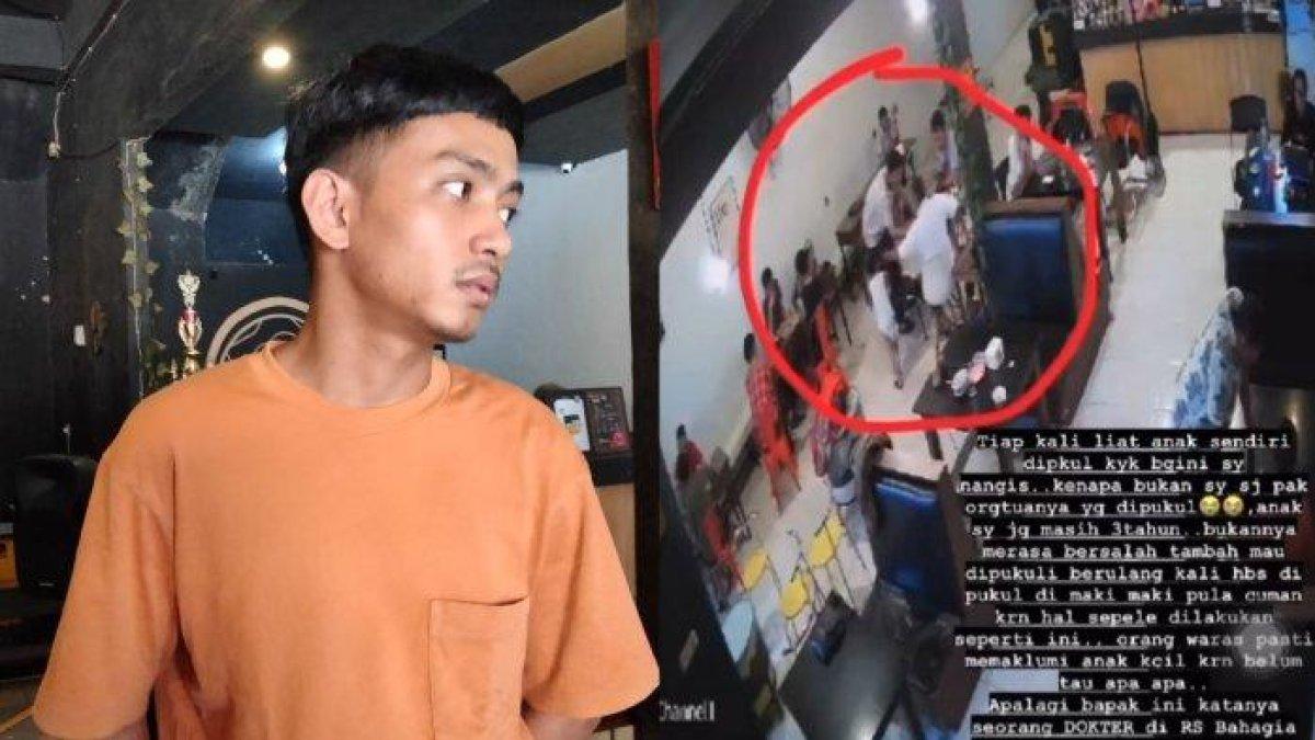 Agung (27), ayah bayi tiga tahun korban penganiayaan oknum dokter (kiri) dan tangkapan layar video penganiayaan (kanan). Viral video penganiayaan bocah tiga tahun oleh seorang oknum dokter di Makassar.