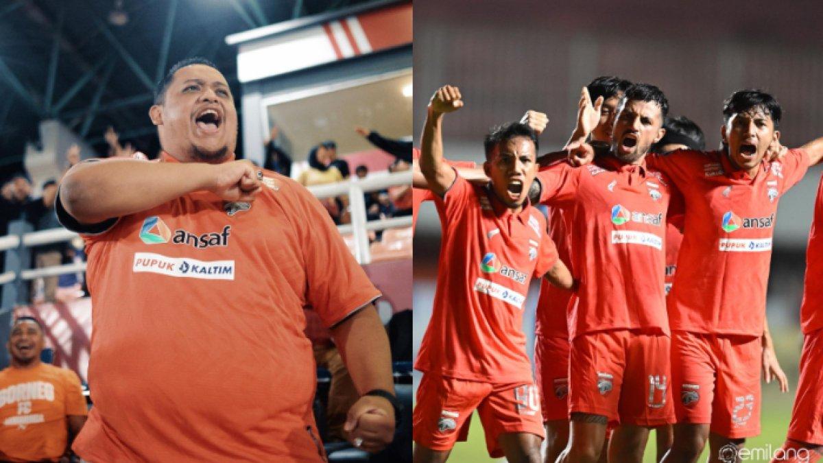 Presiden Borneo FC Nabil Husein (kiri) dan skuad Borneo FC (kanan).