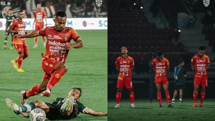 Aksi Ardi Idrus di laga debut straternya bersama Bali United (kiri) dan raut wajah lesu pemain Bali United seusai laga kontra Persikabo 1973 (kanan).
