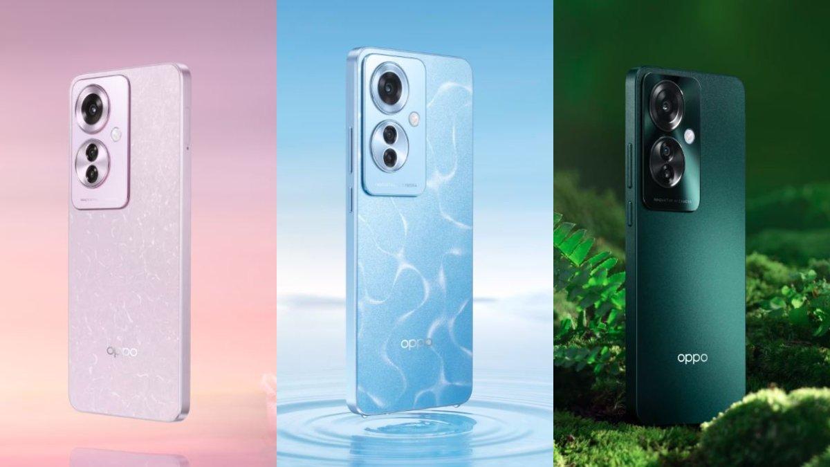 Oppo Reno 11 F 5G hadir dengan 3 warna utama: Ungu Koral, Biru Laut, dan Hijau Palem