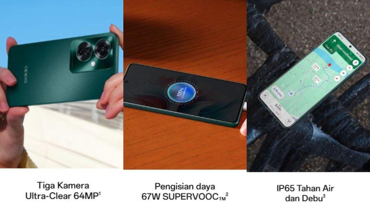 Tiga keunggulam Oppo Reno 11 F 5G: 3 Kamera uLtra Clear 64 MP, 67W SUPERVOOC, IP65 tahan air dan debu.