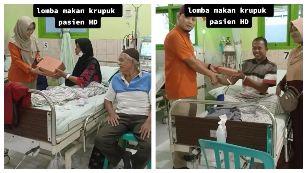 Para peserta lomba makan yang tengah menjalani terapi Hemodialisa kerupuk terlihat bahagia mendapatkan hadiah bingkisan dari pihak rumah sakit.