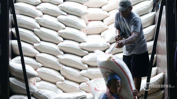 Pekerja saat memanggul beras di Pasar Induk Beras Cipinang (PIBC), Jakarta Timur, Rabu (18/3/2020). Direktur Utama PT Food Station Tjipinang Jaya Arief Prasetyo Adi mengatakan saat ini terdapat 30.101 ton beras di PIBC dan memastikan stok beras untuk memenuhi kebutuhan warga Jakarta masih aman di tengah pandemi COVID-19. Tribunnews/Jeprima