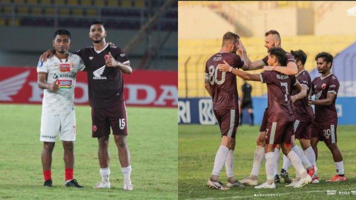 Pemain Persija Jakarta, Ramdani Lestaluhu dan mantan rekannya yang saat ini membela PSM Makassar, Hasim Kipuw (kiri) dan para pemain Juku Eja (kanan).