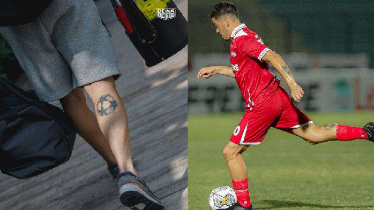 Foto penampakan pemain baru Dewa United (kiri) dan mantan pemain Persis Solo, Alexis Messidoro (kanan). Ada kesamaan pada tato di kaki kanan.