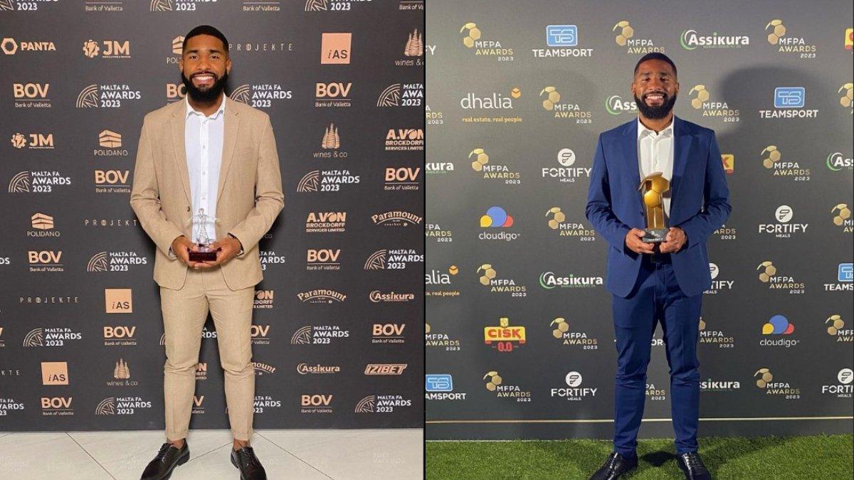 Penghargaan Top scorer Liga 1 Malta  (kiri) dan Maltese FA Cup best starting eleven (kanan) yang diraih oleh Jefferson Assis