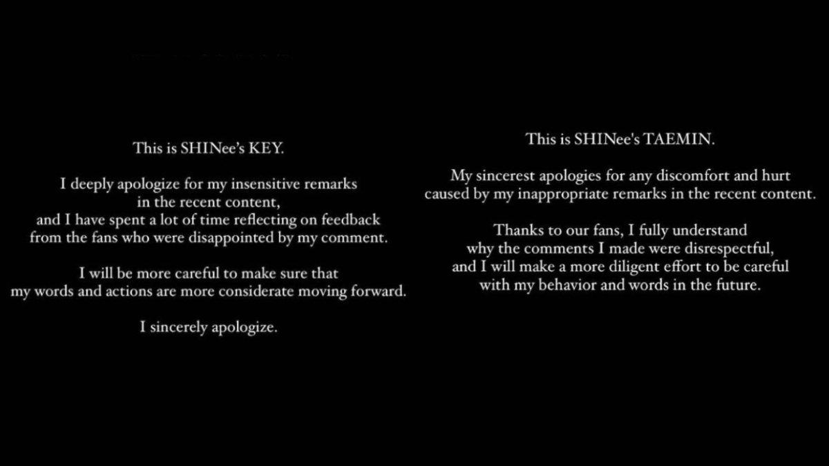 Permintaan maaf Key dan Taemin melalui akun Instagram resmi @shinee pada Jumat (29/09/2023) malam.