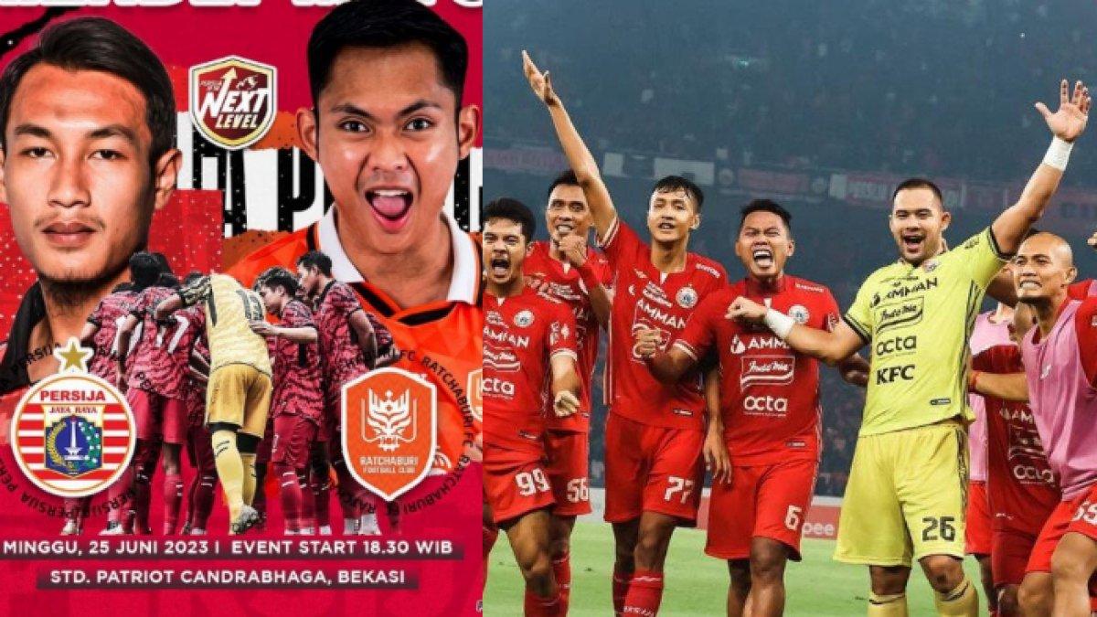 Laga pramusim antara Persija Jakarta melawan klub asal Thailand Ratchaburi FC (kiri) dan skuad Persija Jakarta (kanan).