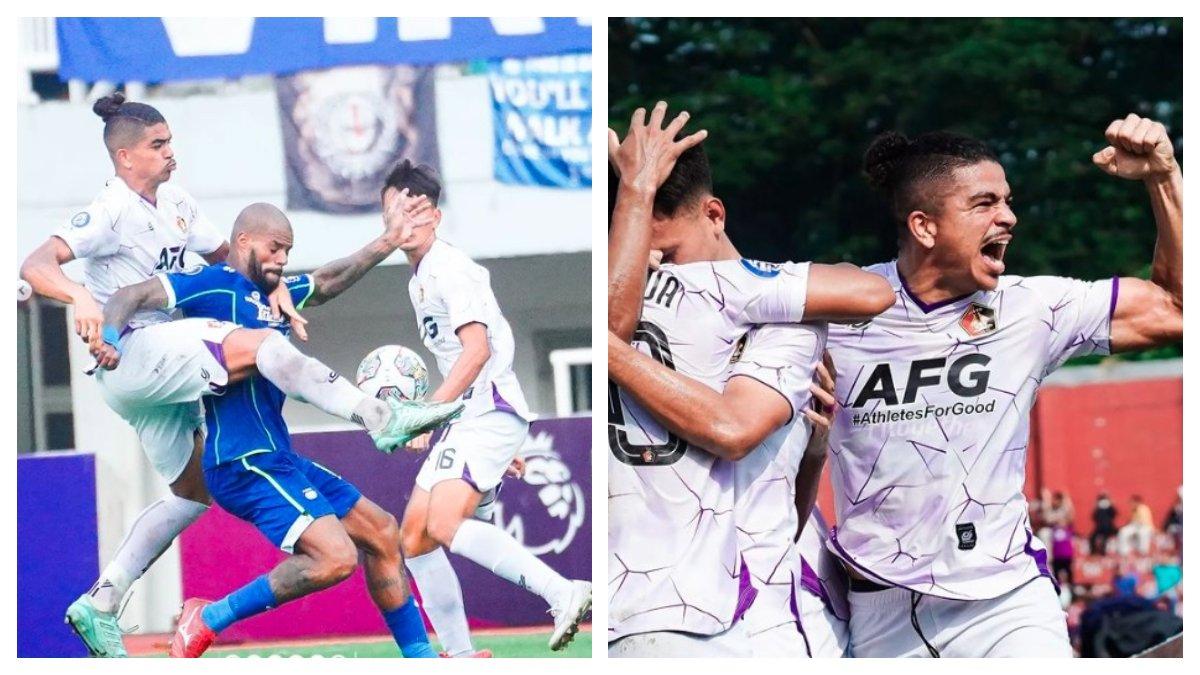 Bek tangguh Persik Kediri, Anderson Nascimento saat berduel dengan Persib Bandung dalam lanjutan Liga 1 2022 pekan ke-29 di Stadion Pakansari, Bogor, Rabu (8/3/2023).
