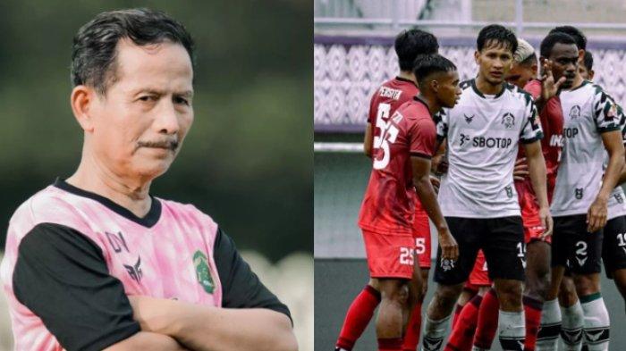 Kolase foto pelatih Persikabo 1973, Djajang Nurjaman dalam sela-sela latihan tim (kiri), Pemain Persikabo 1973 dalam sebuah laga uji coba (kanan).