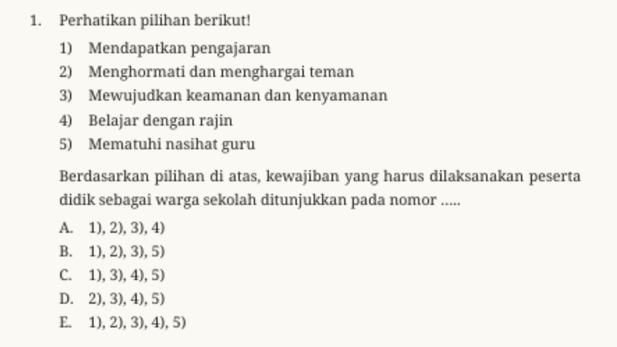 Berikut soal pilihan ganda nomor 1.