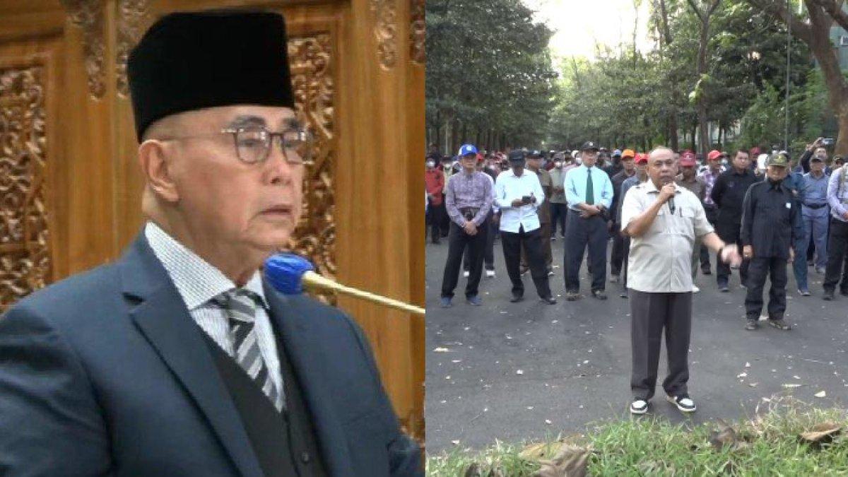 Kolase pimpinan Ponpes Al Zaytun, Syekh Panji Gumilang (kiri) dan massa tandingan yang dikerahkan untuk menyambut demo 10 ribu orang pada Kamis (22/6/2023).