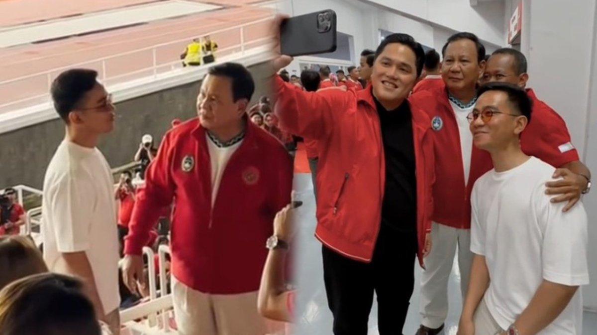 Momen ketika Prabowo, Erick Thohir, Gibran dan Bahlil tengah selfie bersama seusai menyaksikan laga Timnas Indonesia kontra Argentina, Senin (19/6/2023).