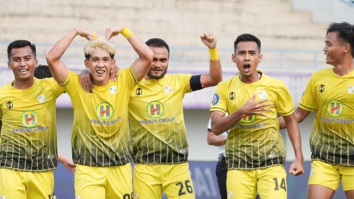 Selebrasi gol PS Barito Putera kontra Dewa United di pekan ke-30 Liga 1 2022, Selasa (14/3/2023).