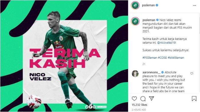 PSS Sleman mengumumkan resmi berpisah dengan satu pemain asingnya Nicolas Velez, Kamis (20/5/2021).